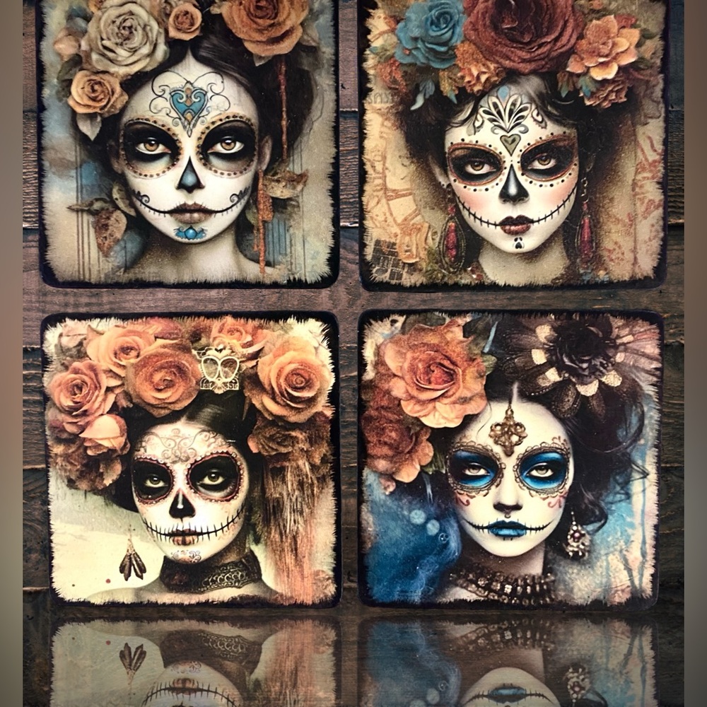 Handmade Día De Los Muertos (Day of the Dead) Distressed Wood Coaster Set